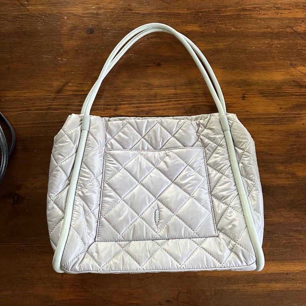 Thacker diamond quilted tote purse light grey leather trim and tube straps
